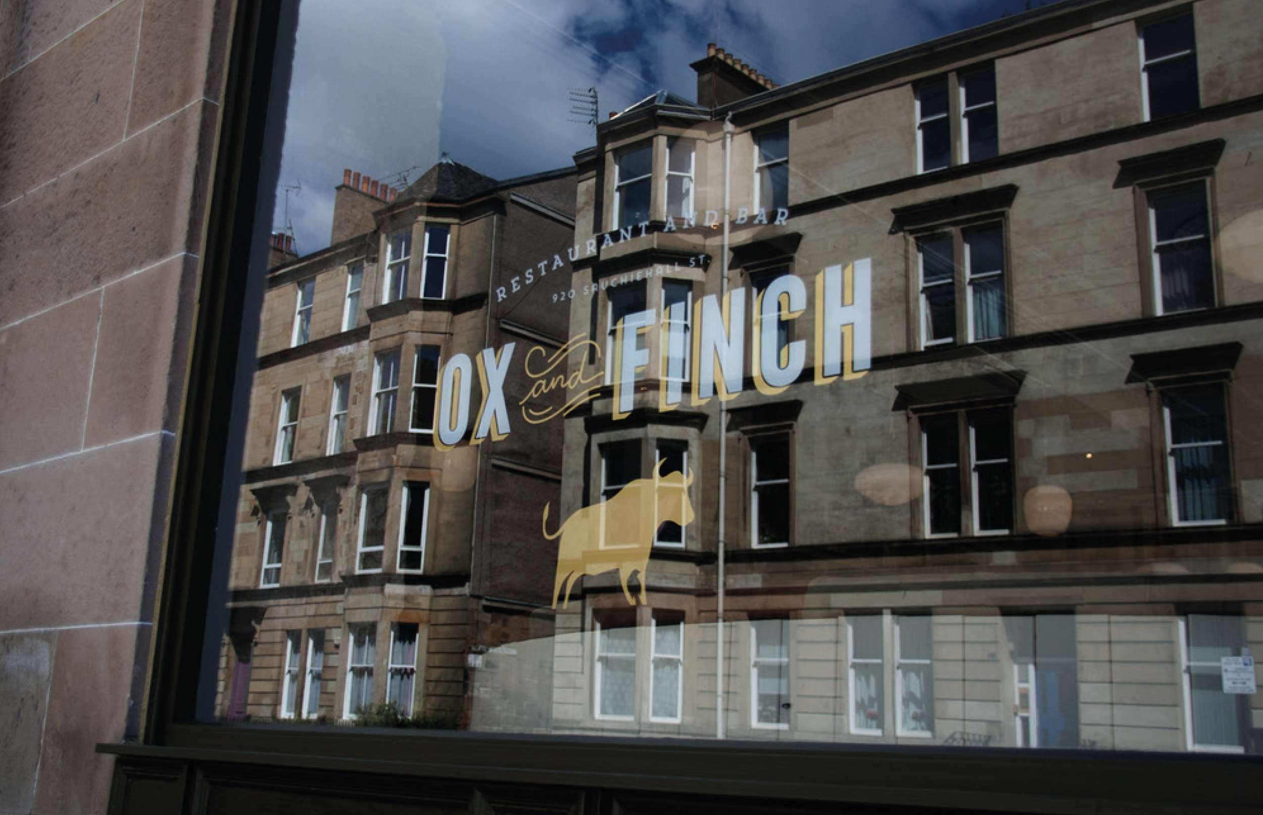 Reflection of a building with multiple windows on a glass window of a restaurant named Ox and Finch, with a gold cow logo and blue, white, and gold text.