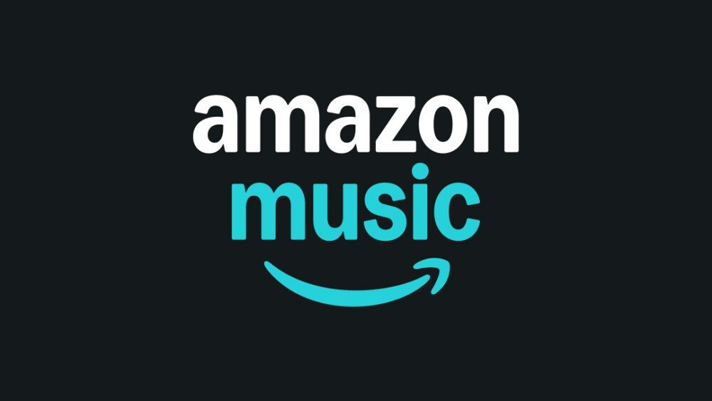 Das Logo von Amazon Music, schwarzer Hintergrund, weißer und blauer Text.