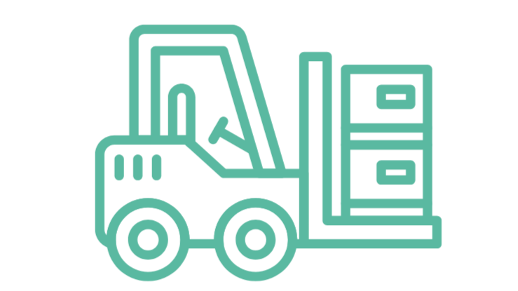 Line drawing of a forklift lifting pallets of boxes.