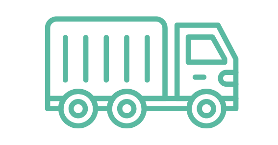 Line drawing of a delivery truck with a large cargo container in front, viewed from the side.