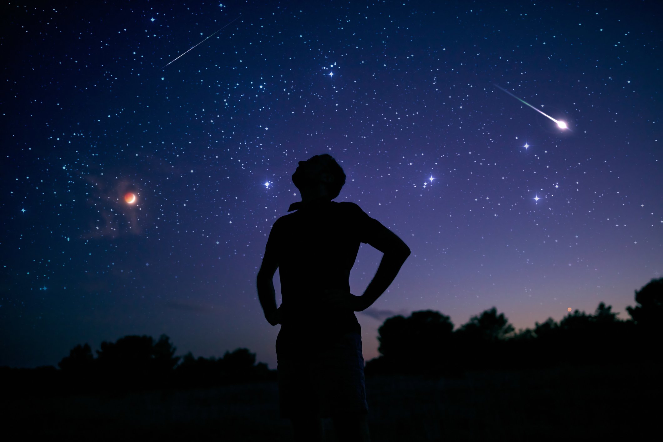 Silhouette d'une personne debout sous un ciel étoilé, avec plusieurs étoiles filantes et une planète visible à l'horizon.