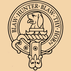 The crest of the Clan Forrester. A circular emblem featuring a hunting dog's head within a circular belt design, surrounded by the words 'BLAW HUNTER BLAW THY HORN' the clan motto.