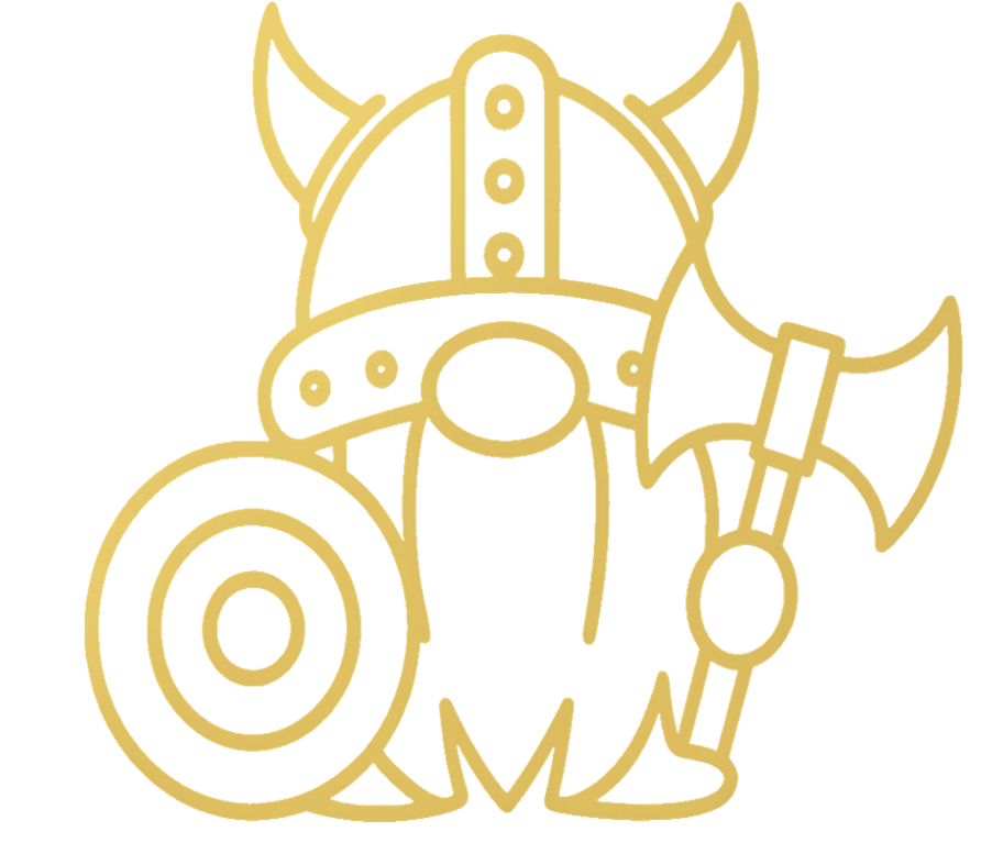Gold outline of a Viking helmet with horns, a shield, axe, and sword.