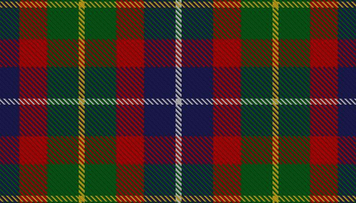 Close-up of a traditional tartan plaid fabric pattern with red, green, blue, yellow, and white lines.