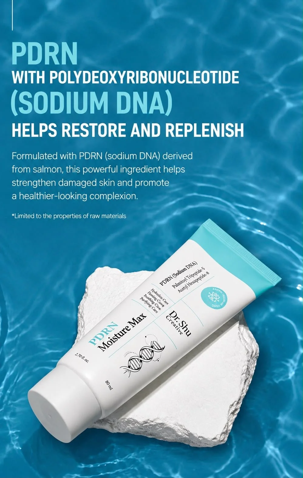 Product packaging for PDRN Moisture Max with polydexyribonucleotide (sodium DNA), displayed on a white rock with water in the background. The packaging mentions it helps restore and replenish damaged skin.