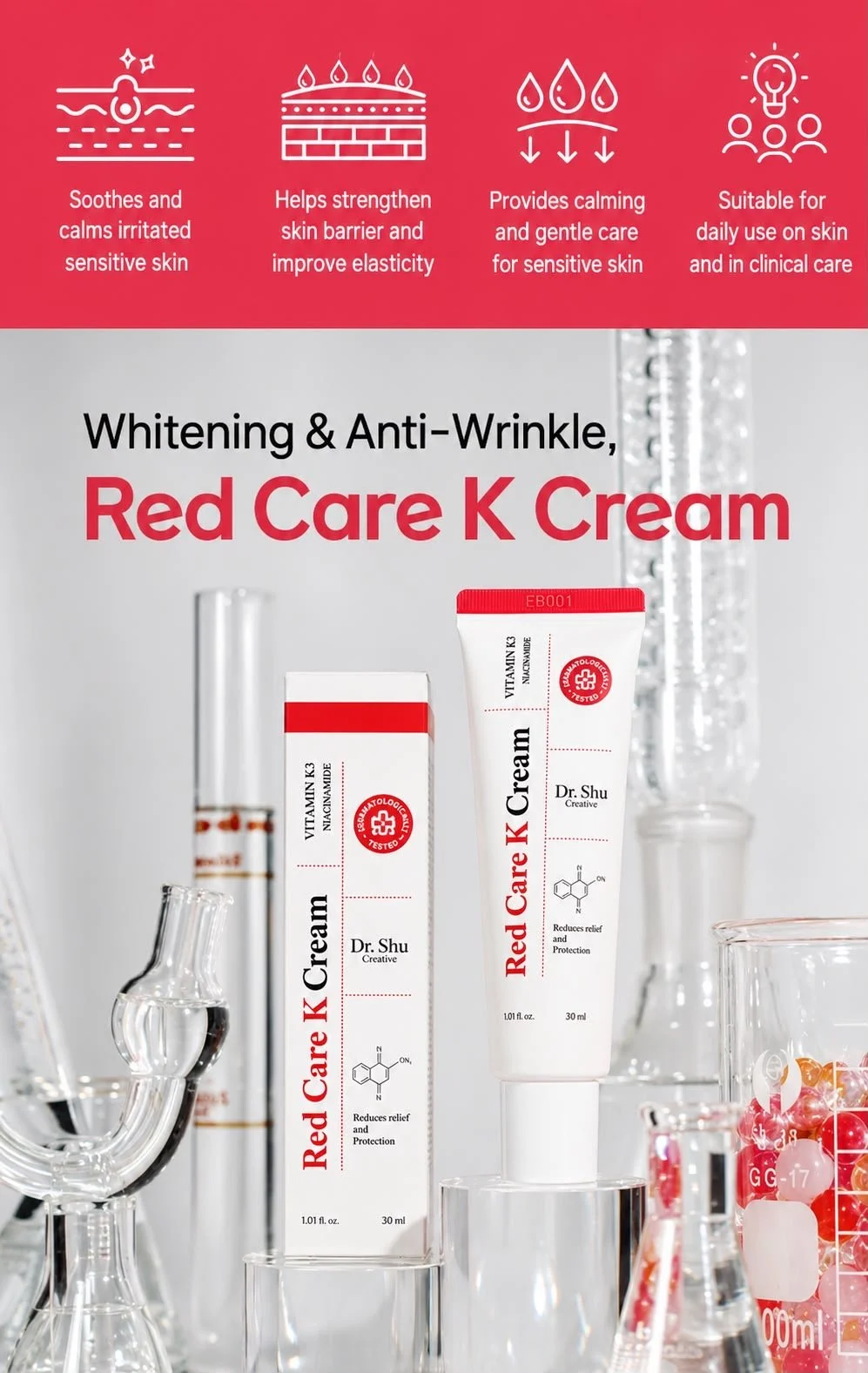 Packaging for red care K cream, labeled as whitening and anti-wrinkle with ingredients vitamin K3 and niacinamide, surrounded by laboratory glassware.