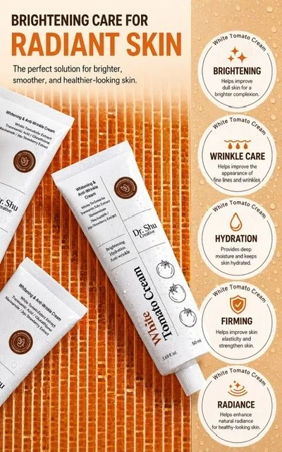 A promotional display for skincare products containing white tomato cream. The products are aimed at brightening, wrinkle care, hydration, firming, and radiance for radiant skin. The image shows several tubes of the white tomato cream, with descripti