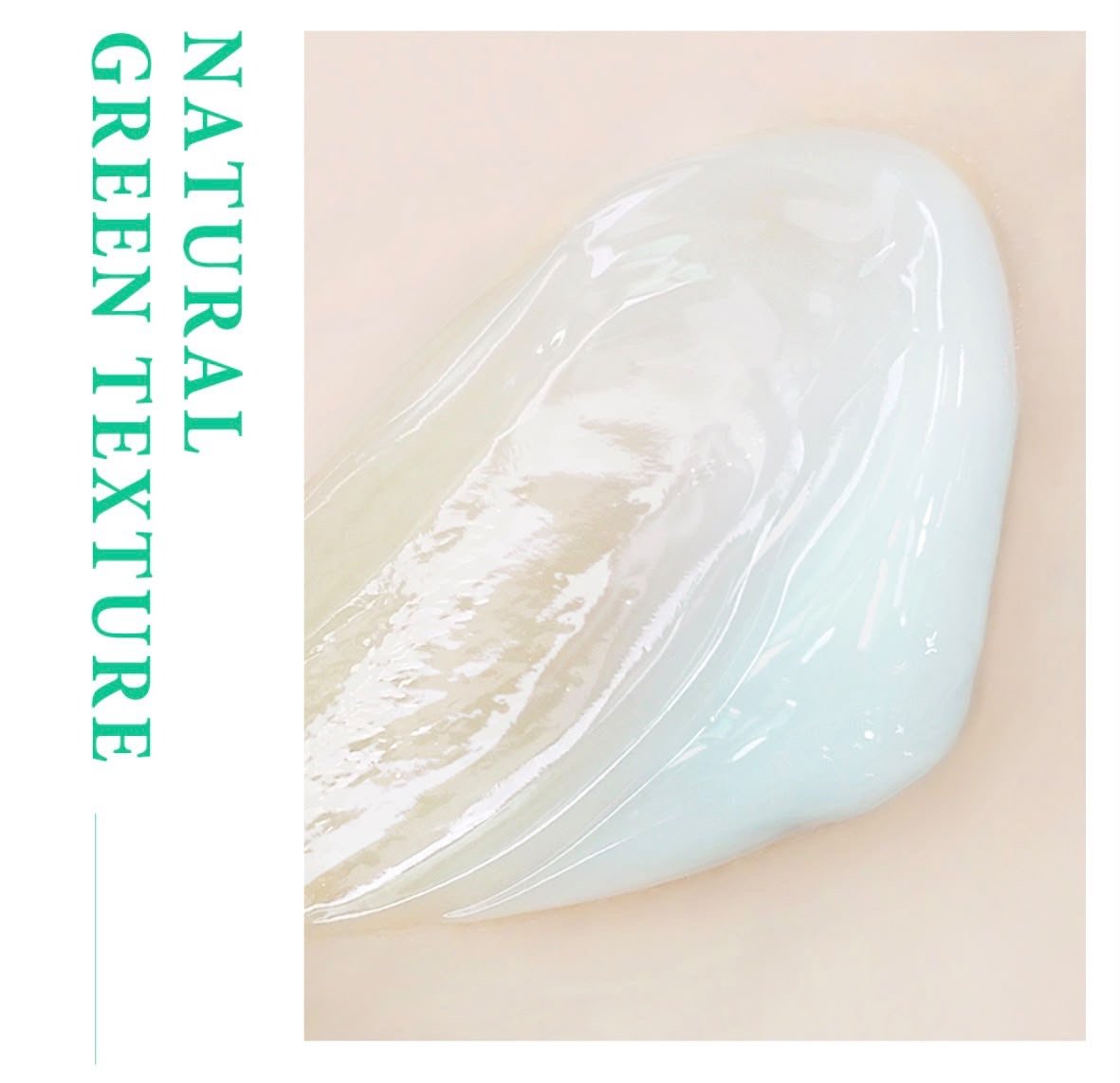Close-up of a transparent, slightly iridescent gel or lotion on a person's skin, with blue-green text reading 'Natural Nail Textures' on a white background.