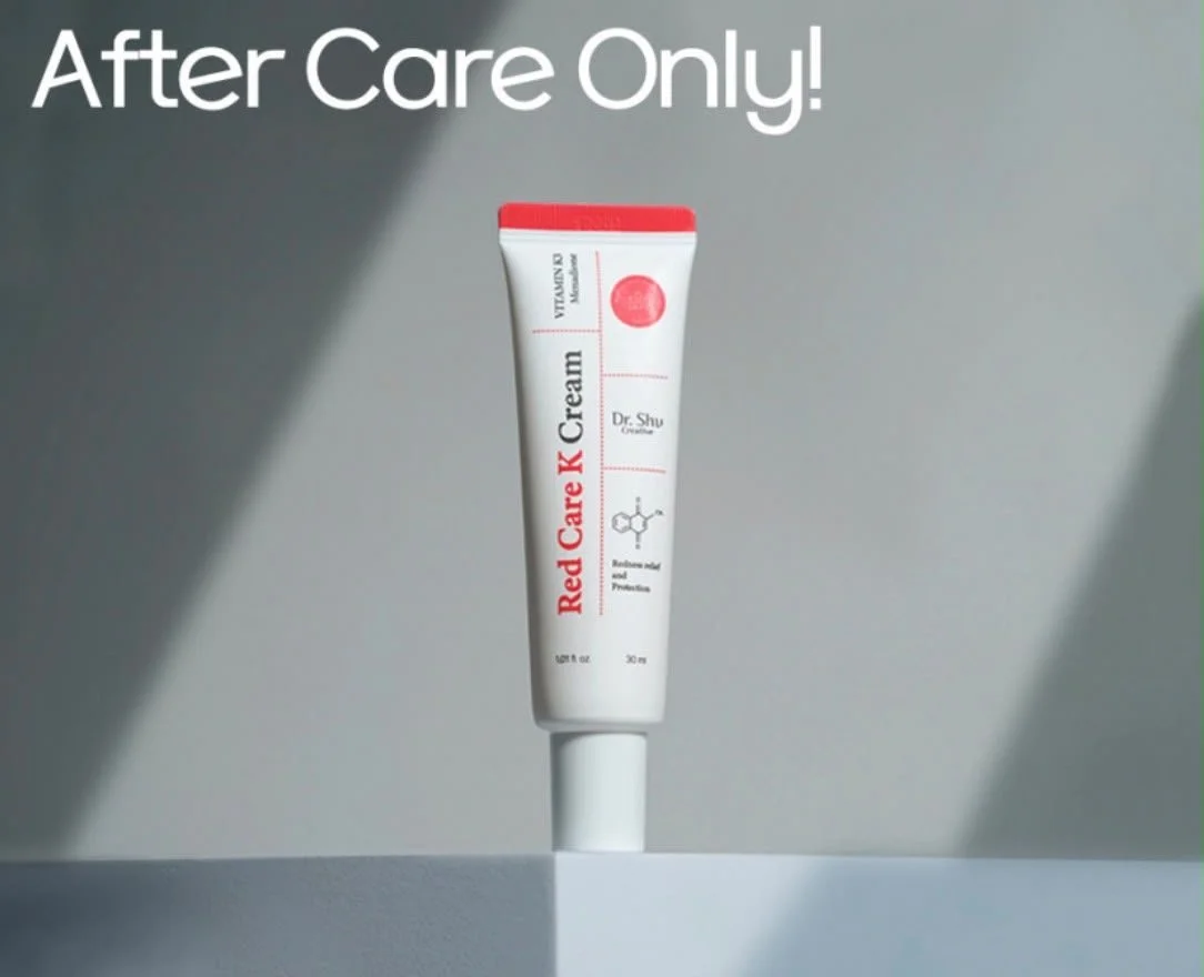 A tube of Dr. Shu Red Care K Cream with a red cap, placed on a flat surface with a light gray background. Text on the image reads "After Care Only!"