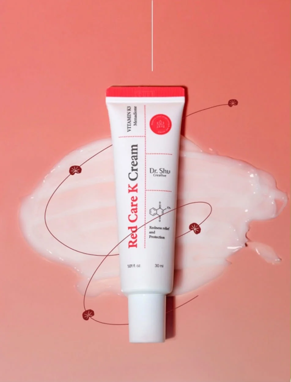 A tube of Dr. Shu Red Care K Cream on a pink textured background with related text and graphics indicating health benefits.