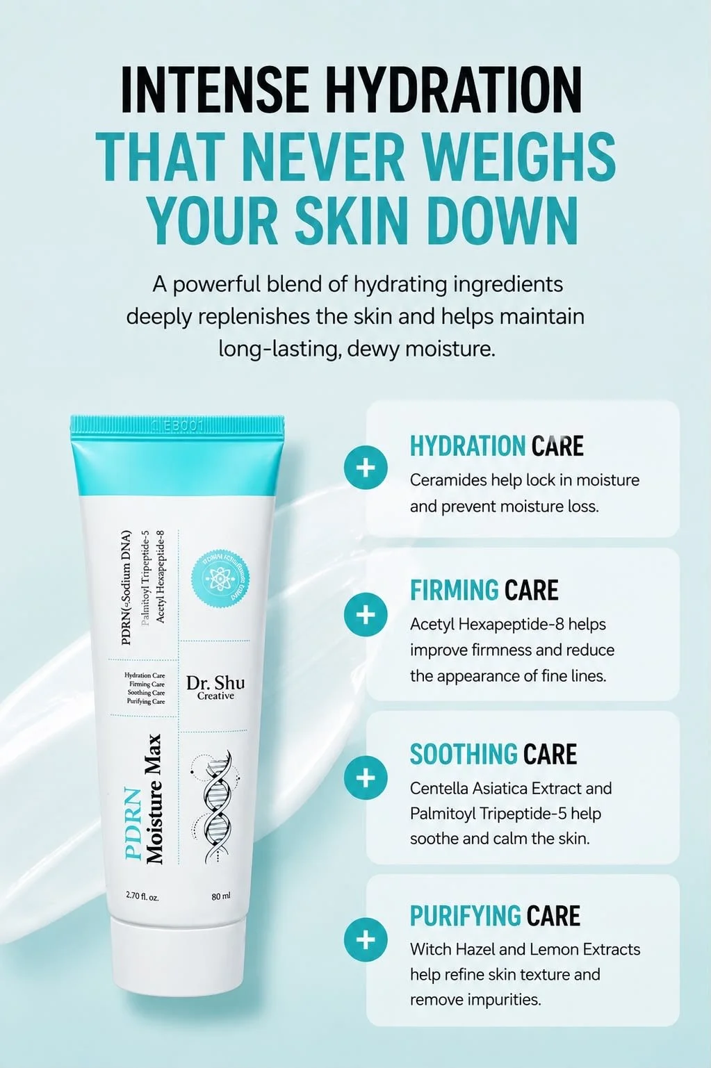 A skincare product advertisement for Dr. Shu Moisture Max, featuring a tube of hydrating face cream. The ad highlights benefits such as intense hydration, firming, soothing, and purifying the skin, with descriptions of ingredients like ceramides, ace