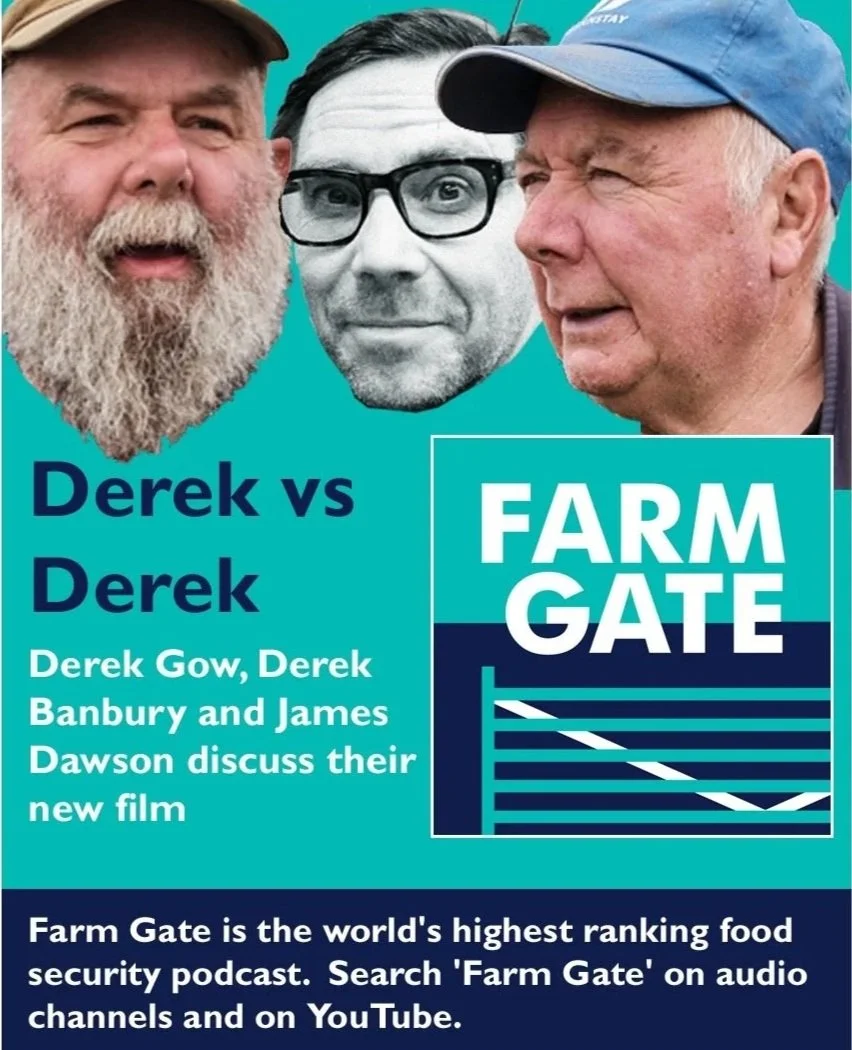 Promotional graphic featuring three men's faces, with the middle face in black and white and the other two in color, against a turquoise background. The text promotes a podcast episode of Farm Gate discussing a new film, with links to YouTube and audio channels.