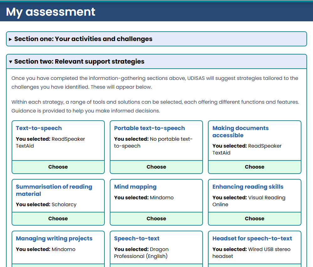 A screenshot of section two of the UDISAS assessment, titled 'relevant support strategies'. Tiles for nine separate support strategies are shown on screen, with selections having been made for each of them.
