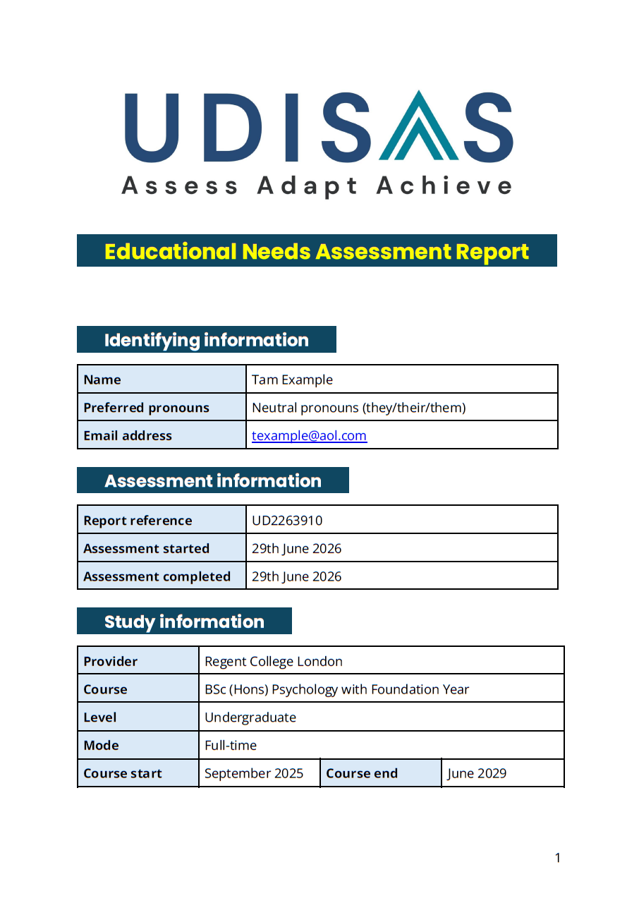 A screenshot of the cover page of a UDISAS Higher Education Needs Assessment Report.