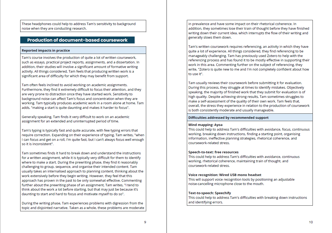 Pages nine and ten of an example UDISAS assessment report, documenting practical difficulties within a specific area of study activity and listing the support solutions that may be helpful in addressing those difficulties. 