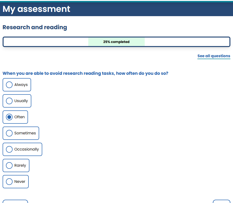 A screenshot of an assessment question from the UDISAS platform. The question asks about avoidance of research tasks, with the using having selected 'often' from a range of selectable frequencies.