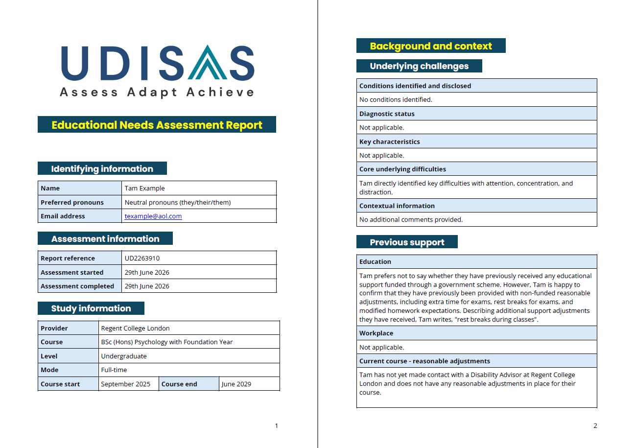 The first two pages of an example UDISAS assessment report, outlining identifying information, underlying challenges, and previous support.