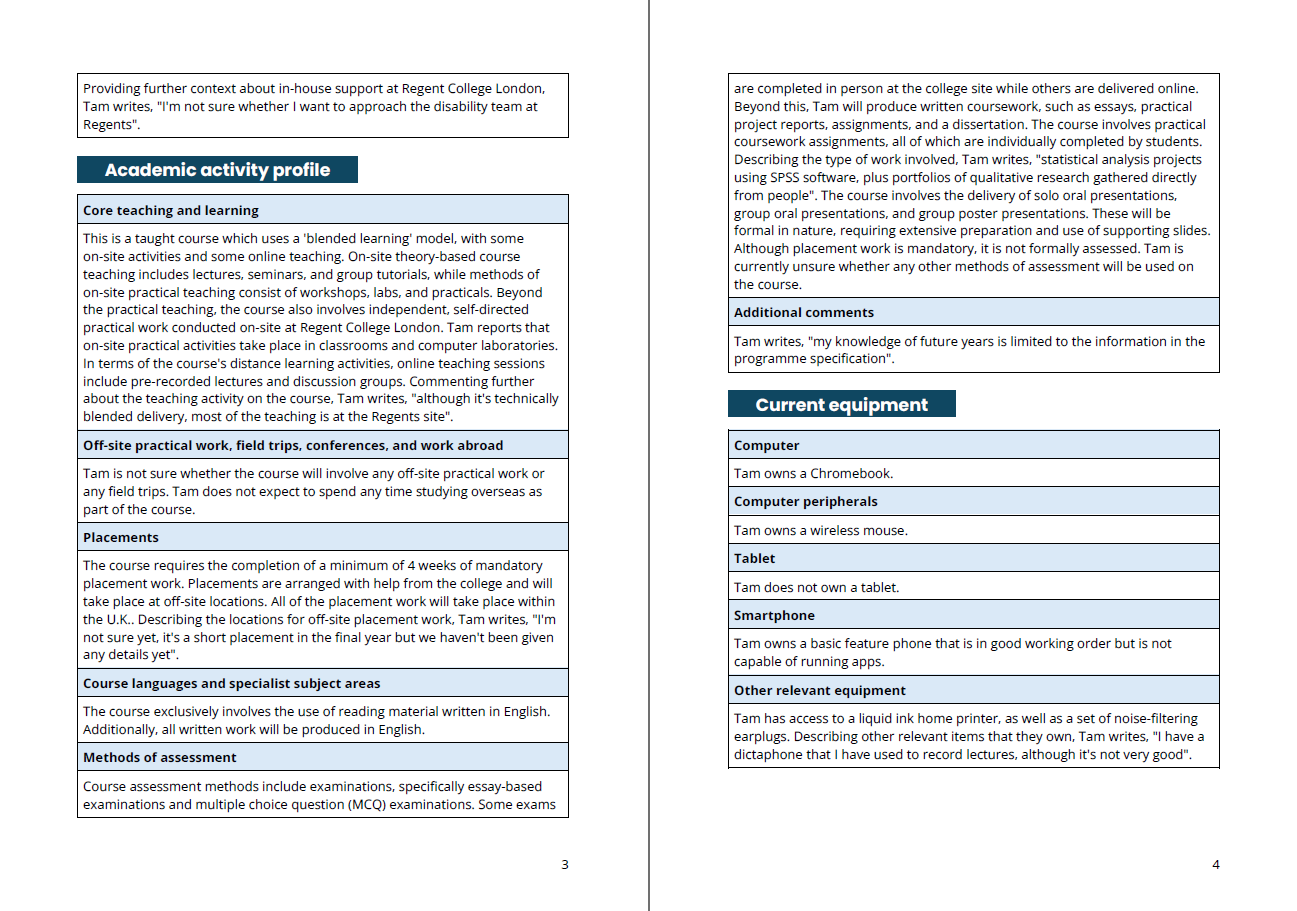 Pages three and four of an example UDISAS assessment report, outlining academic course activities and the student's current access to relevant technology and equipment.