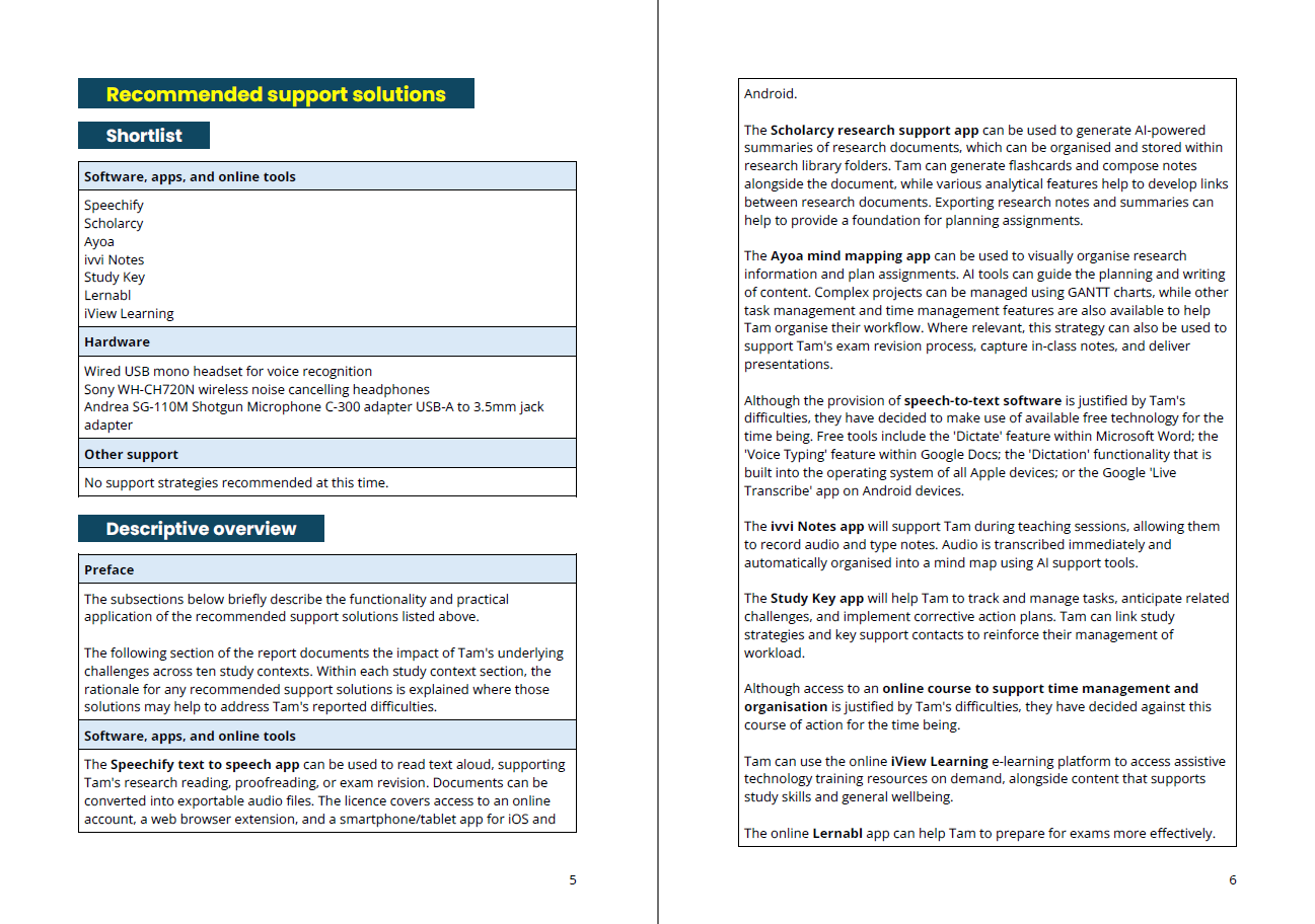 Pages five and six of an example UDISAS assessment report, providing a shortlist of selected support strategies and a description of how each support strategy can be helpful. 