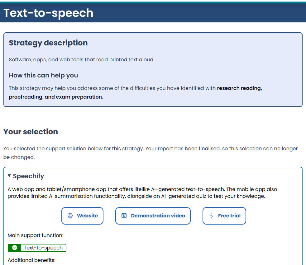 A screenshot of a support selection screen within the UDISAS platform, for the 'text to speech' strategy. A strategy description is visible, along with confirmation that the Speechify app has been selected.