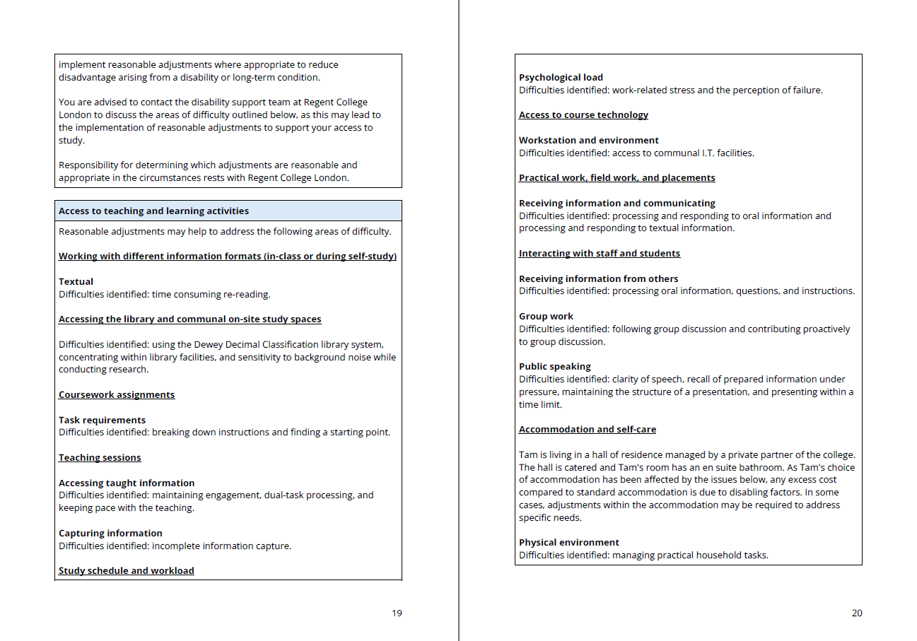 Pages nineteen and twenty of an example UDISAS assessment report, grouping and listing difficulties that may be addressed by the university or college through the implementation of reasonable adjustments.