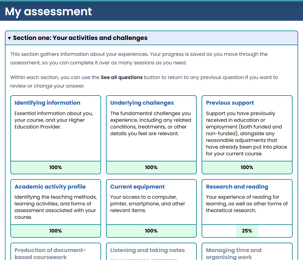 A screenshot of section 1 of the UDISAS online assessment, titled 'your activities and challenges'. 6 tiles are visible for 6 different areas of information gathering. The first five are shown as 100% complete, while the sixth is 25% complete.