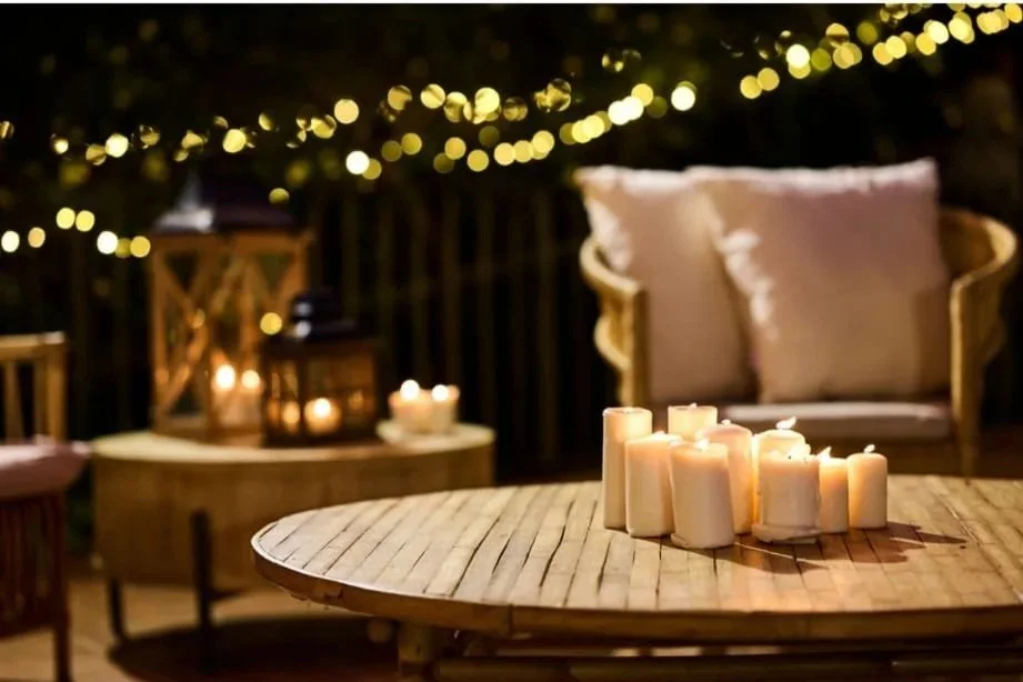 Mesa de madera con varias velas encendidas, fondo con sillón y luces decorativas.