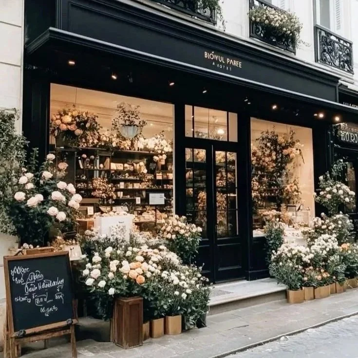 Tienda elegante con fachada negra y muchas flores blancas y rosadas en la entrada.