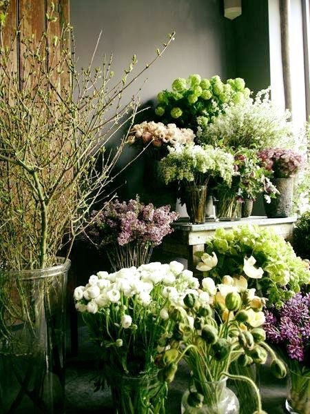 Varios jarrones con flores y ramas en un espacio interior junto a la ventana.