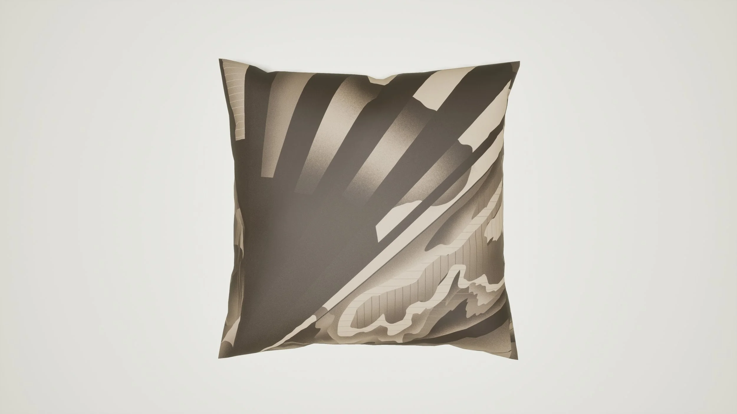 Beige, brown, and black pillow showcasing the abstract leaf and stripe pattern from AGRUUM Serenity Collection.