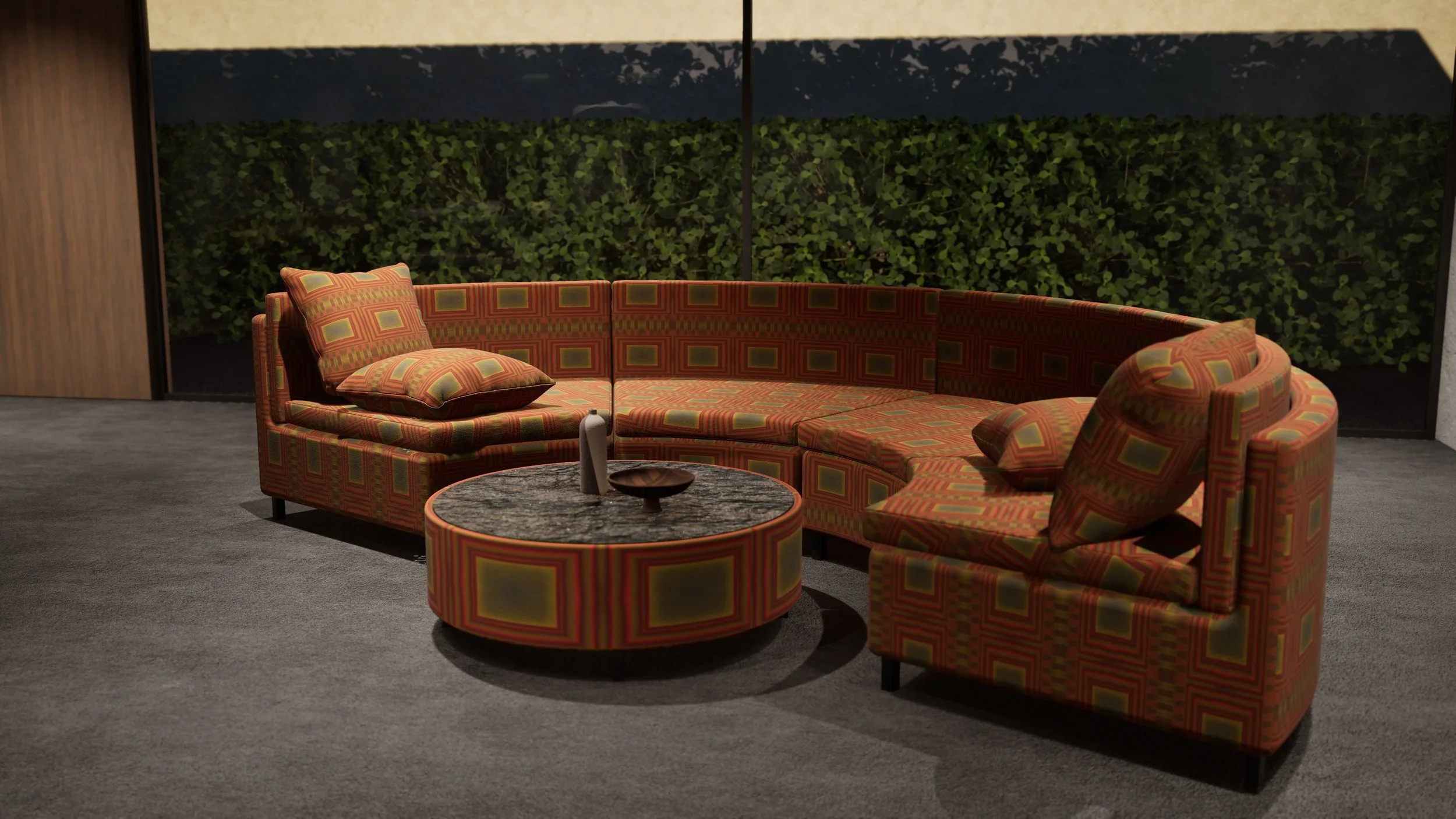 Curved sofa with decorative pillows featuring textile pattern from the Resurrection Collection – luxury textile design by AGRUUM, set in a contemporary interior with marble table and garden view.