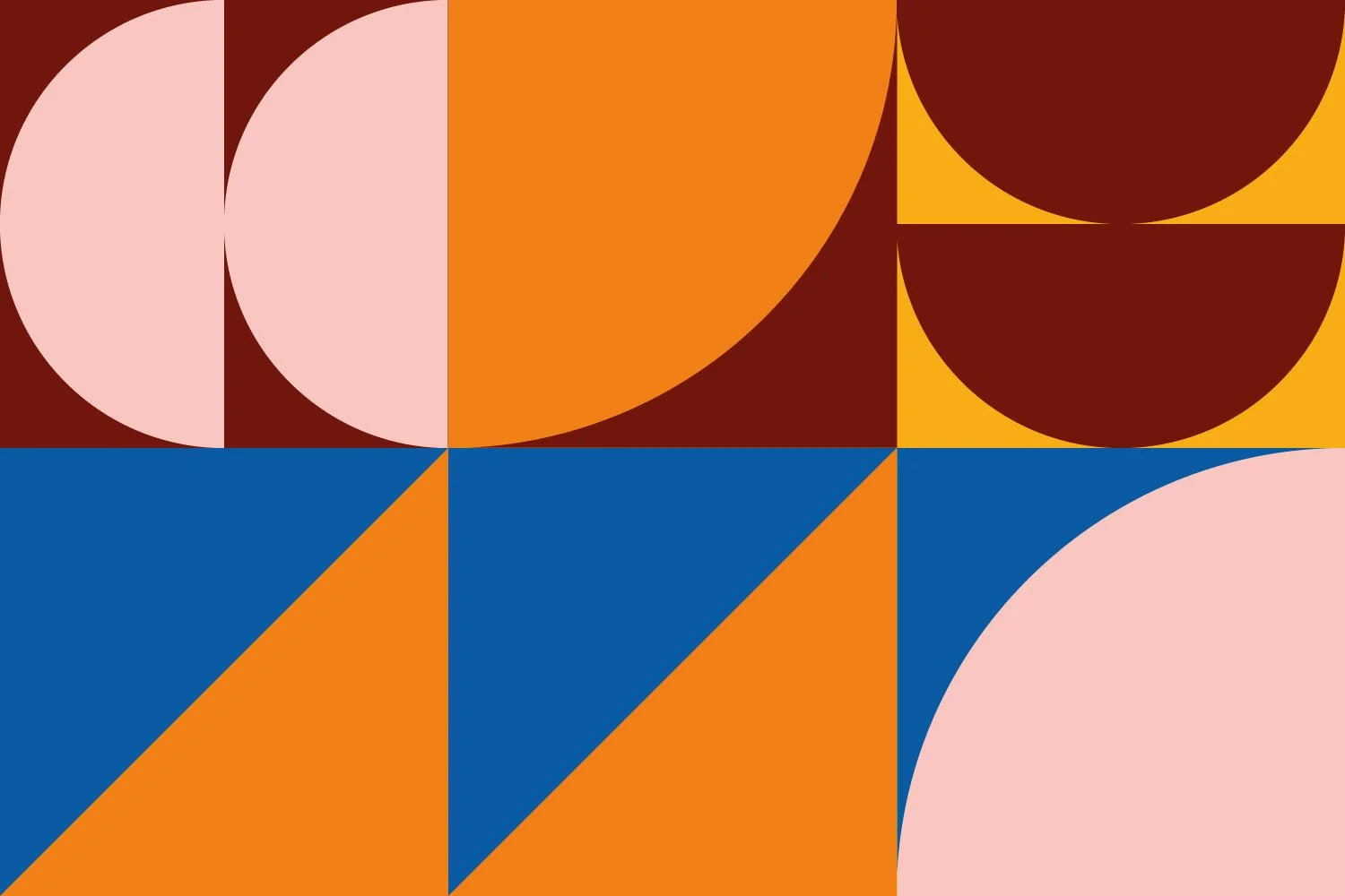 Abstract geometric artwork with colorful blocks and semicircles in shades of pink, orange, yellow, brown, and blue.