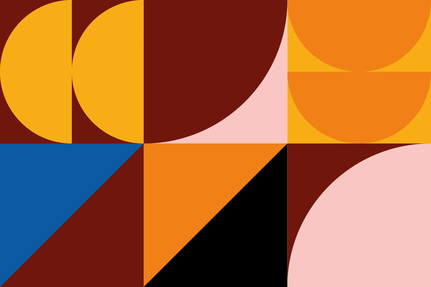 Abstract geometric artwork with circles, triangles, and rectangles in shades of yellow, orange, black, blue, and pink.