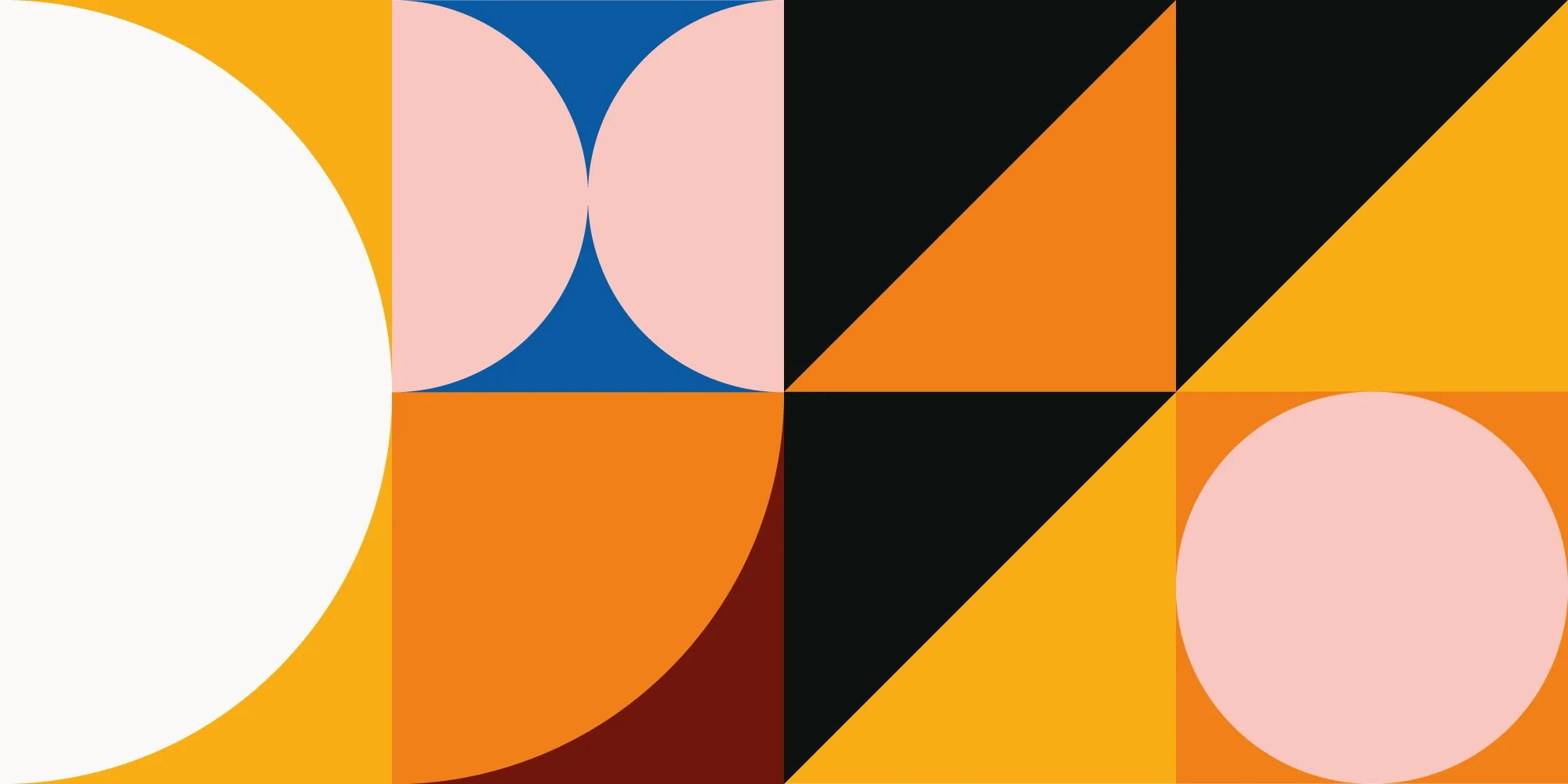 Abstract geometric design with various shapes and colors including circles, triangles, and rectangles in shades of yellow, pink, blue, black, orange, and white.