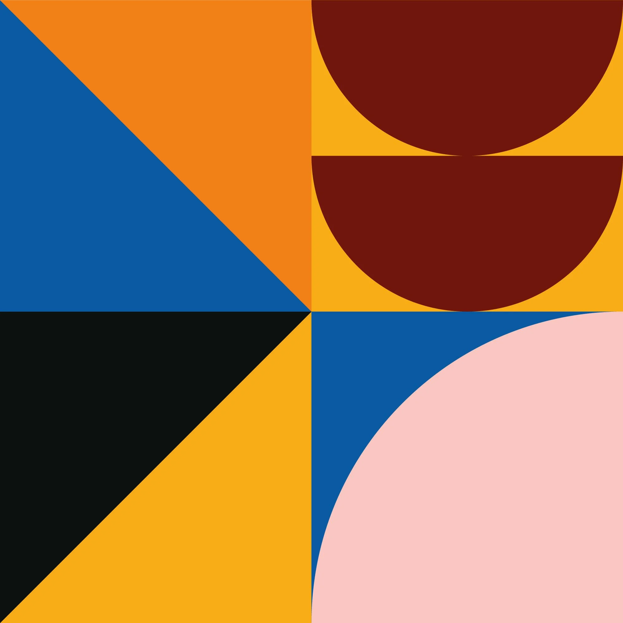 Abstract artwork featuring geometric shapes and bold colors including blue, orange, black, brown, pink, and yellow.