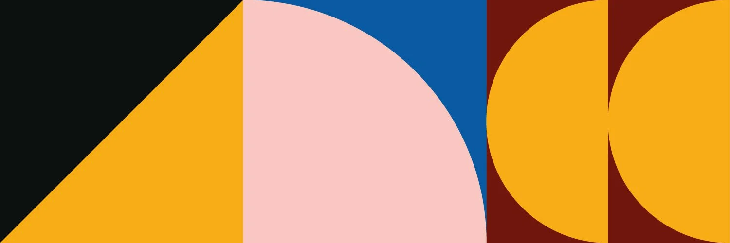 Abstract geometric design with bold color blocks and curved shapes in black, yellow, pink, blue, and brown