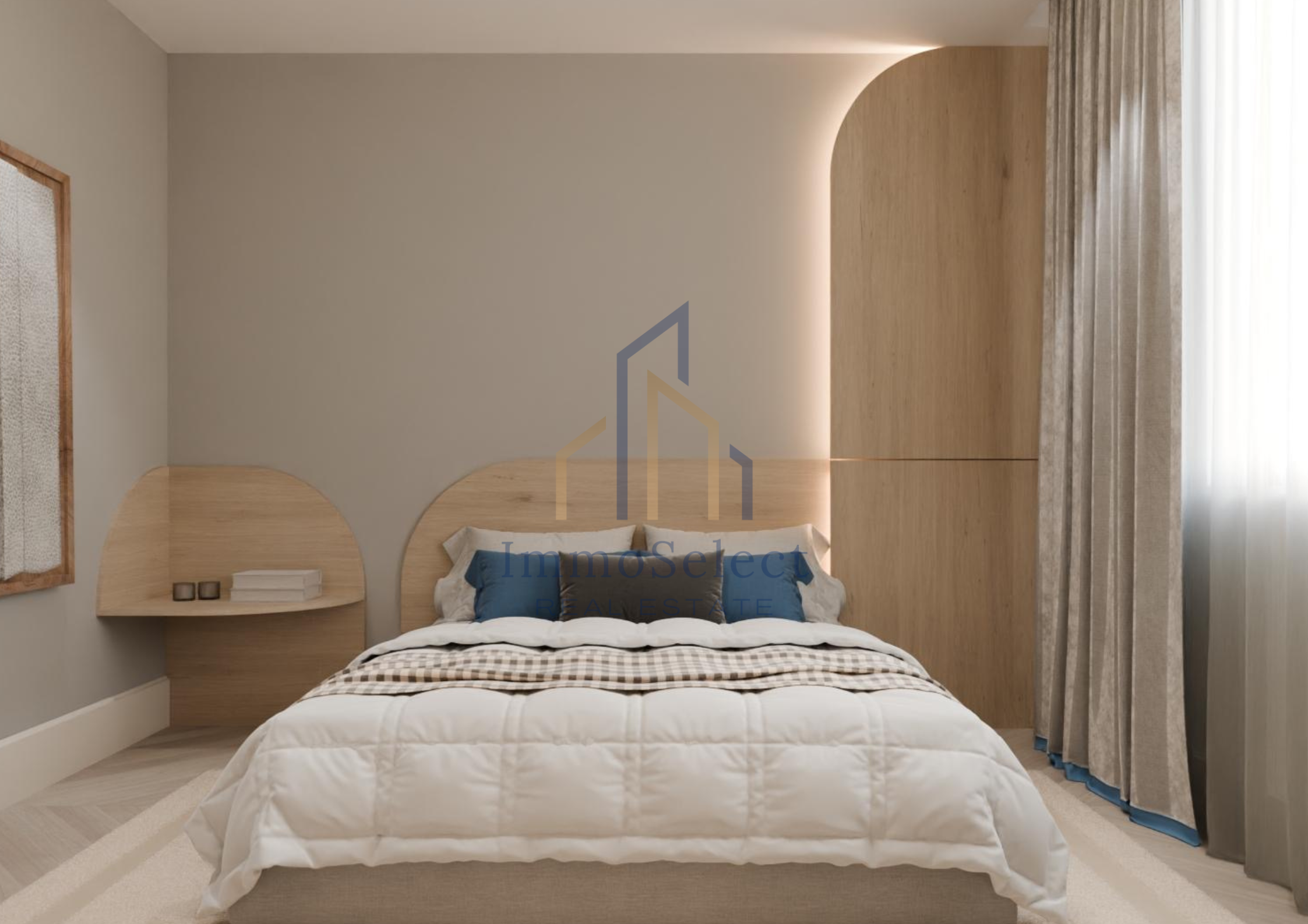 A modern bedroom with a bed featuring white bedding and blue pillows, wooden headboard, nightstand with books and candles, neutral wall colors, and large window with beige curtains.