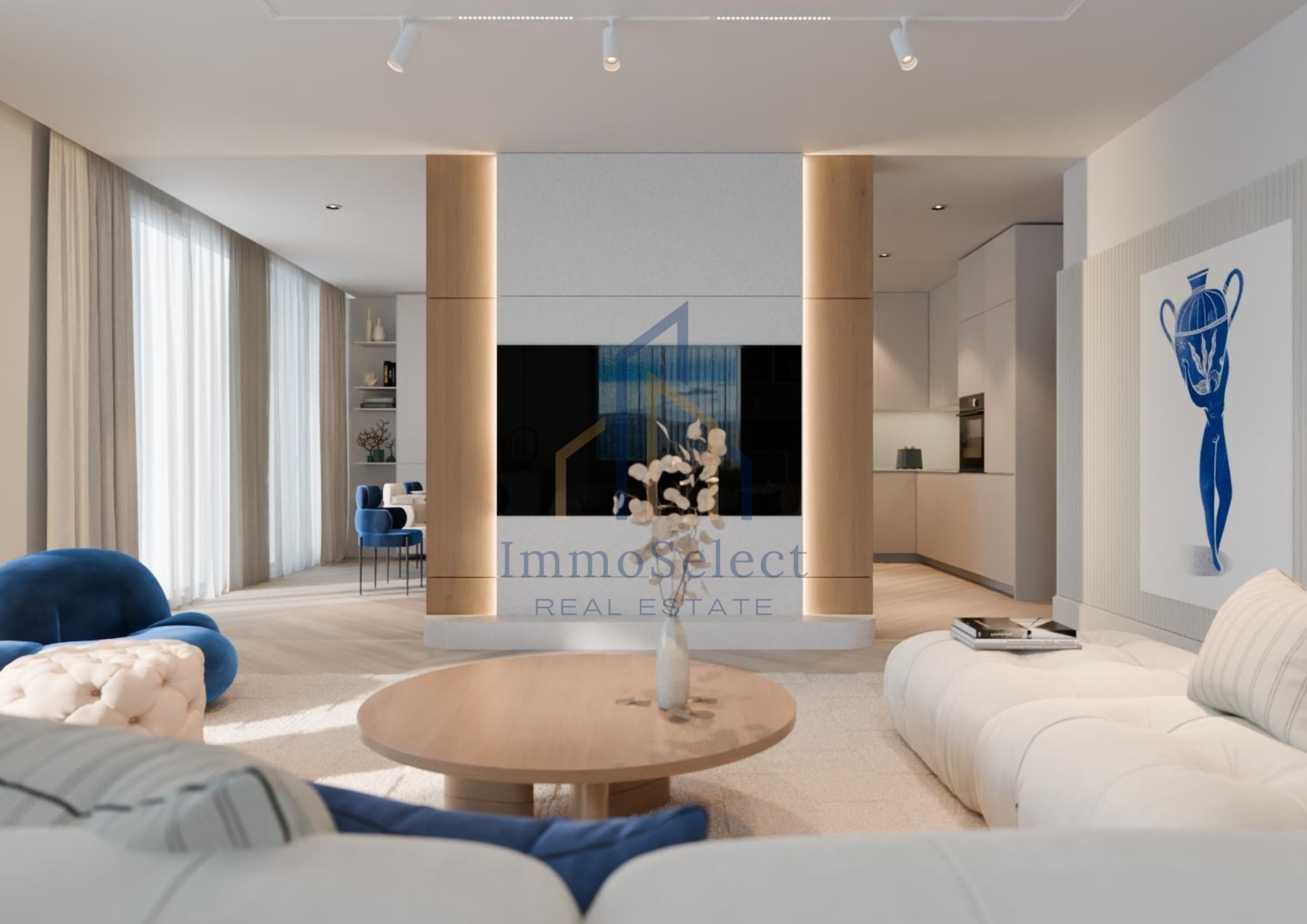 Modern living room with white sofa, blue armchair, wooden coffee table with decorative vase, artwork on wall, kitchen in background, and large windows with curtains.