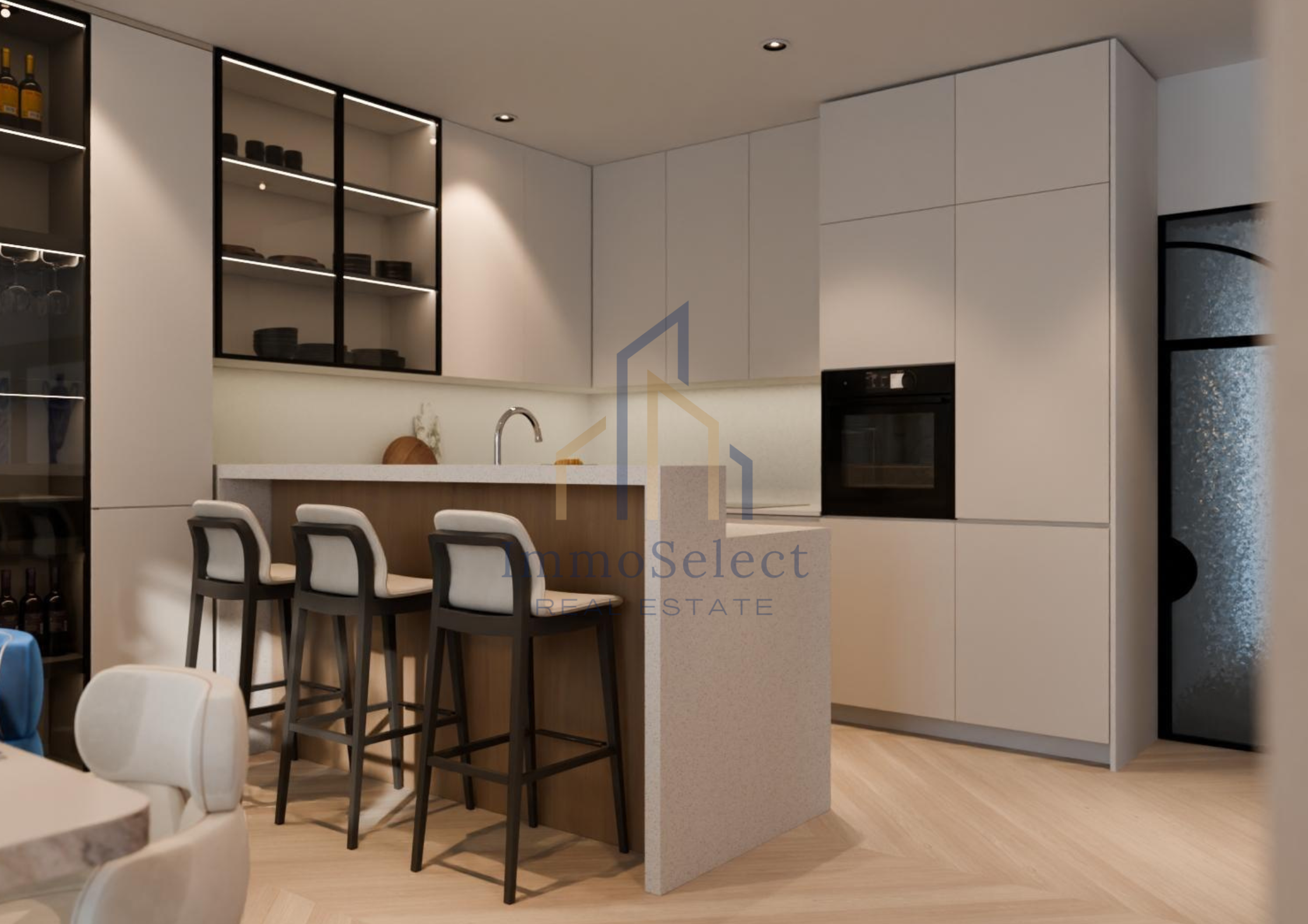 Modern kitchen with white cabinets, black appliances, a kitchen island with bar stools, and a glass-front cabinet