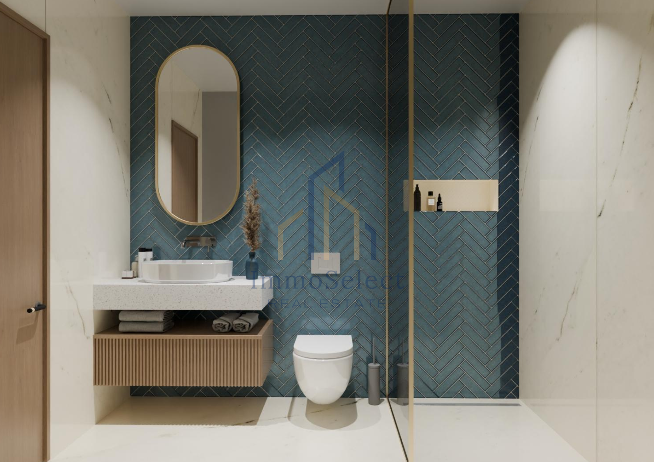 Modern bathroom with a white floating vanity, a round mirror, and a toilet, featuring blue herringbone tile wall and minimalist decor.