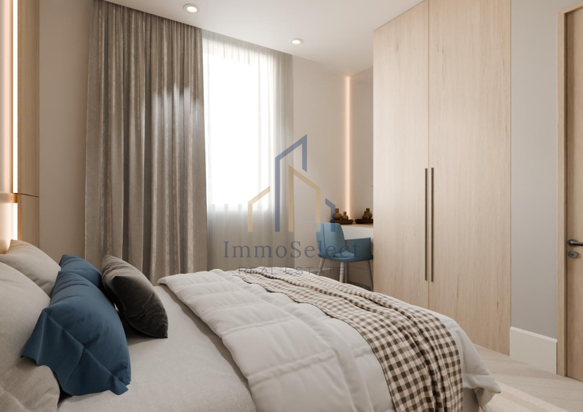 Modern bedroom with a bed featuring beige, blue, and gray pillows, a window with beige curtains, and a light wood wardrobe and desk area in a bright, minimalist space.