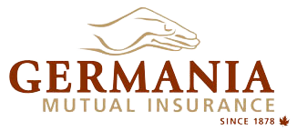 Logo for Germania Mutual Insurance service with a hand holding a shield, the brand name in large letters, and a maple leaf symbol