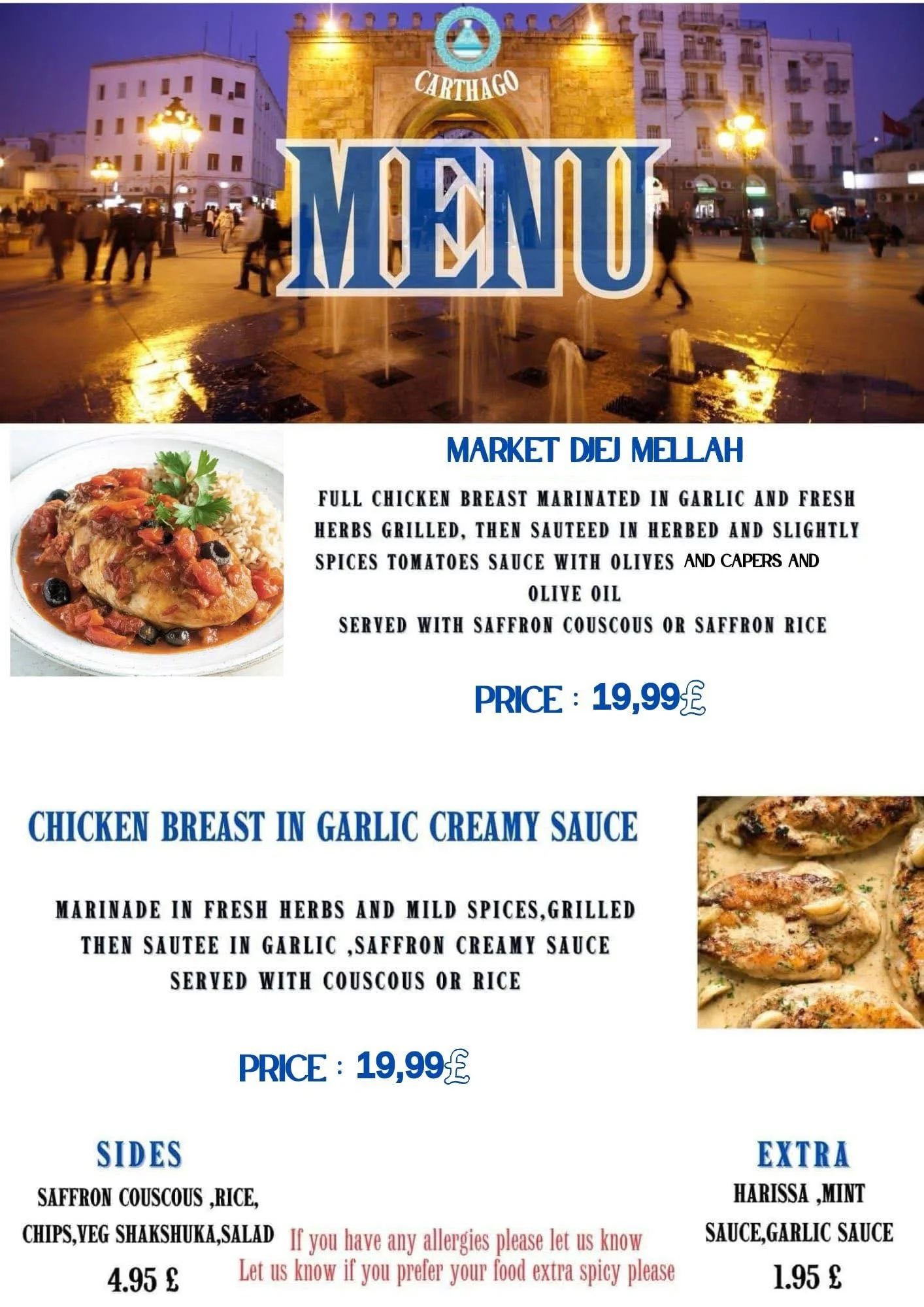 Menu overlay on a photo of a city square with people walking and a fountain at night. The menu features dishes such as Market Djej Melah and Chicken Breast in Garlic Creamy Sauce, with pricing and side options.