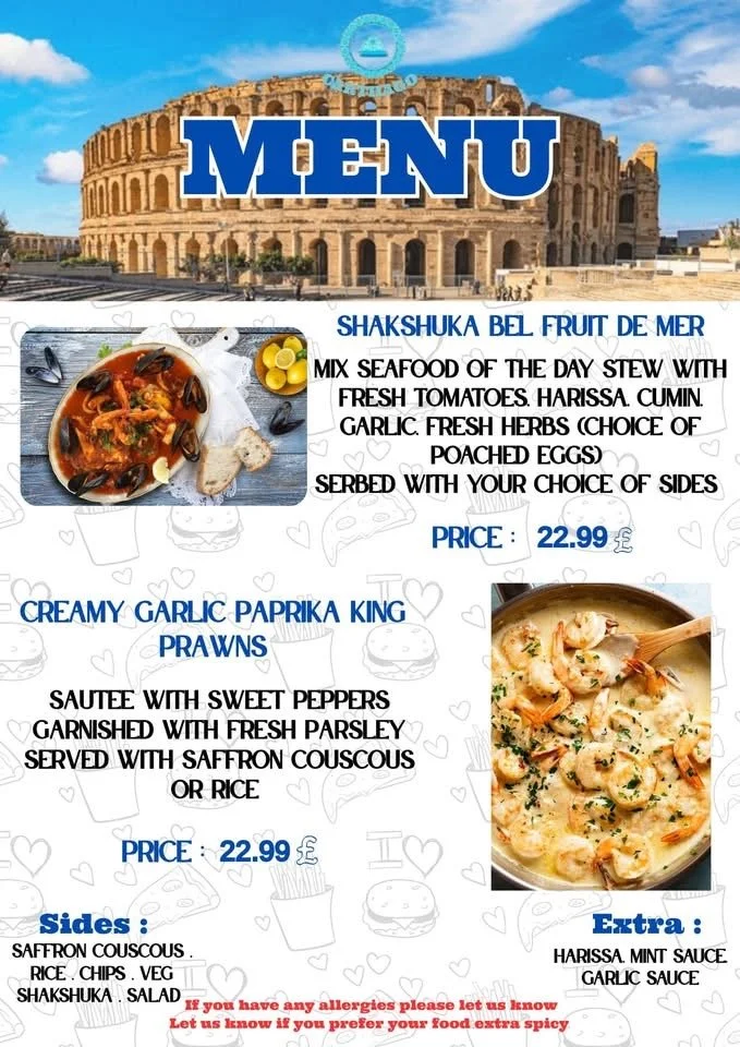Restaurant menu featuring two seafood dishes, Shakshuka Bel Fruit de Mer and Creamy Garlic Paprika King Prawns, with prices of $22.99 each, and mentions of sides and extra sauces.