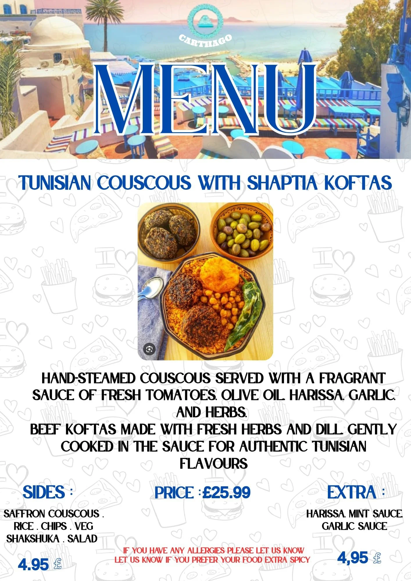 Travel poster for Carthago resort showing outdoor seating with colorful cushions overlooking the sea.