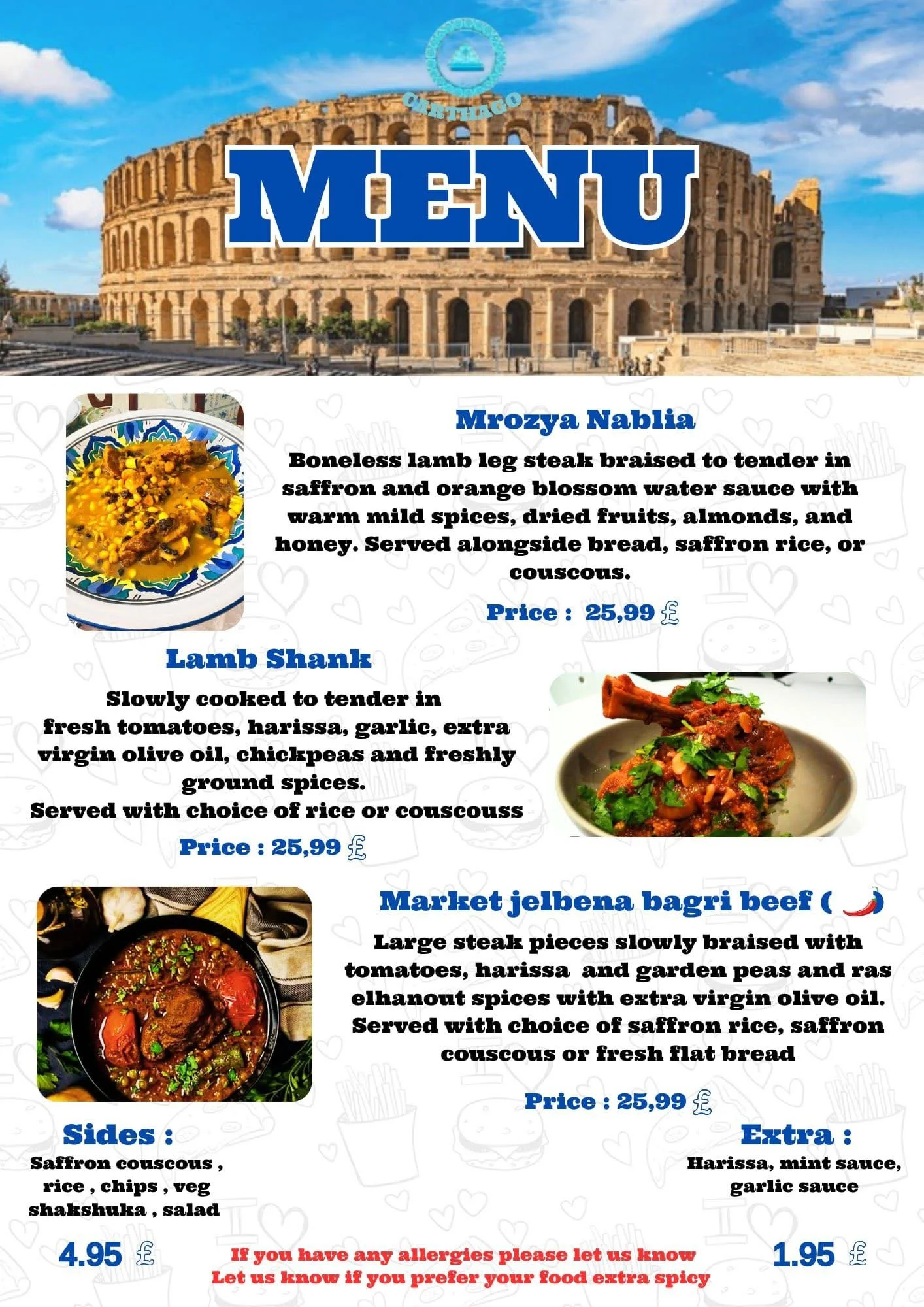 Menu with images of African dishes and a background of the Colosseum in Rome, Italy.