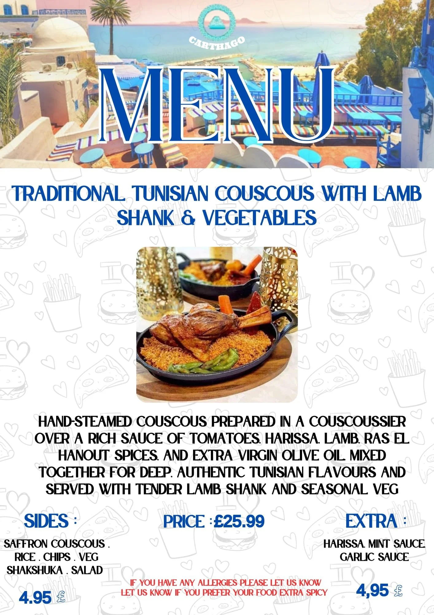 Restaurant menu featuring a dish of traditional Tunisian couscous with lamb shank, vegetables, and sauces, with a scenic seaside background and decorative elements.