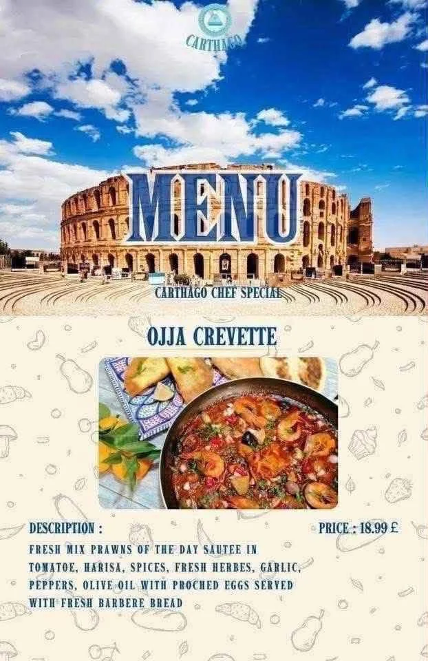 Image of a menu featuring a dish called Ojja Crevette, including a photo of shrimp stew with bread and fritters, set against a background of the Collosseum.