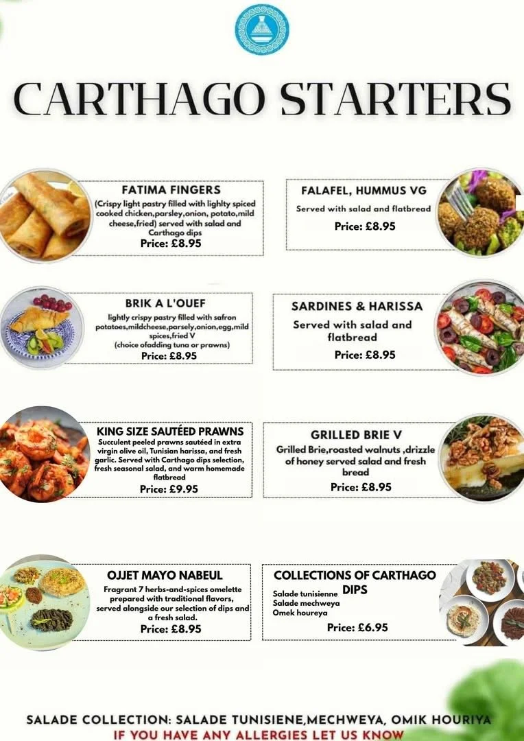 Menu poster titled 'Carthago Starters' displaying various Middle Eastern dishes with descriptions and prices in pounds, including falafel, hummus, brik, sardines, king prawn, grilled brie, and salads.