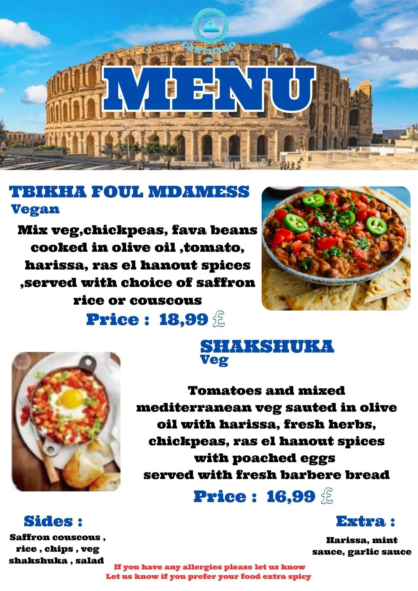 A restaurant menu featuring dishes with images of a stew served with naan bread and a Mediterranean dish with poached eggs. The menu lists vegan and vegetarian options, prices, sides, and extra toppings, with a background of the Colosseum in Rome.